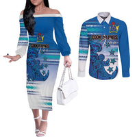 Personalised Cook Islands Va'a Race Couples Matching Off The Shoulder Long Sleeve Dress and Long Sleeve Button Shirt Te Tatau Tattoos Sporty Style Light Blue Color LT03 Blue - Polynesian Pride