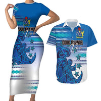 Personalised Cook Islands Va'a Race Couples Matching Short Sleeve Bodycon Dress and Hawaiian Shirt Te Tatau Tattoos Sporty Style Light Blue Color LT03 Blue - Polynesian Pride