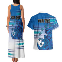 Personalised Cook Islands Va'a Race Couples Matching Tank Maxi Dress and Hawaiian Shirt Te Tatau Tattoos Sporty Style Light Blue Color LT03 - Polynesian Pride
