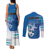 Personalised Cook Islands Va'a Race Couples Matching Tank Maxi Dress and Long Sleeve Button Shirt Te Tatau Tattoos Sporty Style Light Blue Color LT03 - Polynesian Pride