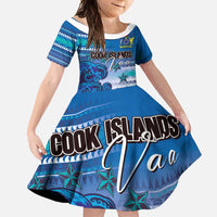 Personalised Cook Islands Va'a Race Family Matching Mermaid Dress and Hawaiian Shirt Te Tatau Tattoos Sporty Style Light Blue Color LT03 Daughter's Dress Blue - Polynesian Pride