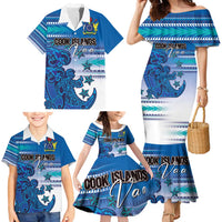 Personalised Cook Islands Va'a Race Family Matching Mermaid Dress and Hawaiian Shirt Te Tatau Tattoos Sporty Style Light Blue Color LT03 - Polynesian Pride