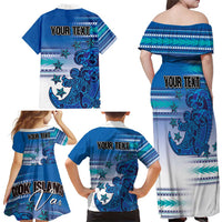 Personalised Cook Islands Va'a Race Family Matching Off Shoulder Maxi Dress and Hawaiian Shirt Te Tatau Tattoos Sporty Style Light Blue Color LT03 - Polynesian Pride