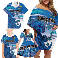 Personalised Cook Islands Va'a Race Family Matching Off Shoulder Short Dress and Hawaiian Shirt Te Tatau Tattoos Sporty Style Light Blue Color LT03 - Polynesian Pride