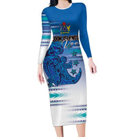 Personalised Cook Islands Va'a Race Long Sleeve Bodycon Dress Te Tatau Tattoos Sporty Style Light Blue Color LT03 Long Dress Blue - Polynesian Pride