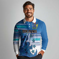 Personalised Cook Islands Va'a Race Long Sleeve Polo Shirt Te Tatau Tattoos Sporty Style Light Blue Color LT03 - Polynesian Pride
