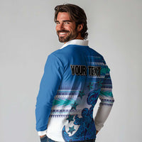 Personalised Cook Islands Va'a Race Long Sleeve Polo Shirt Te Tatau Tattoos Sporty Style Light Blue Color LT03 - Polynesian Pride