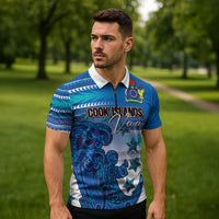 Personalised Cook Islands Va'a Race Zipper Polo Shirt Te Tatau Tattoos Sporty Style Light Blue Color LT03 - Polynesian Pride