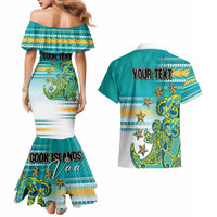 Personalised Cook Islands Va'a Race Couples Matching Mermaid Dress and Hawaiian Shirt Te Tatau Tattoos Sporty Style Turquoise Color LT03 - Polynesian Pride