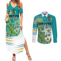 Personalised Cook Islands Va'a Race Couples Matching Summer Maxi Dress and Long Sleeve Button Shirt Te Tatau Tattoos Sporty Style Turquoise Color LT03 Turquoise - Polynesian Pride