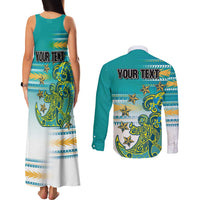 Personalised Cook Islands Va'a Race Couples Matching Tank Maxi Dress and Long Sleeve Button Shirt Te Tatau Tattoos Sporty Style Turquoise Color LT03 - Polynesian Pride