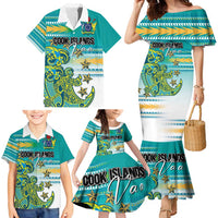 Personalised Cook Islands Va'a Race Family Matching Mermaid Dress and Hawaiian Shirt Te Tatau Tattoos Sporty Style Turquoise Color LT03 - Polynesian Pride