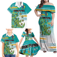 Personalised Cook Islands Va'a Race Family Matching Off Shoulder Maxi Dress and Hawaiian Shirt Te Tatau Tattoos Sporty Style Turquoise Color LT03 - Polynesian Pride