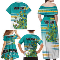 Personalised Cook Islands Va'a Race Family Matching Off Shoulder Maxi Dress and Hawaiian Shirt Te Tatau Tattoos Sporty Style Turquoise Color LT03 - Polynesian Pride