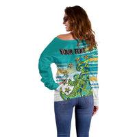 Personalised Cook Islands Va'a Race Off Shoulder Sweater Te Tatau Tattoos Sporty Style Turquoise Color LT03 - Polynesian Pride