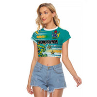 Personalised Cook Islands Va'a Race Raglan Cropped T Shirt Te Tatau Tattoos Sporty Style Turquoise Color LT03 Female Turquoise - Polynesian Pride