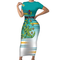 Personalised Cook Islands Va'a Race Short Sleeve Bodycon Dress Te Tatau Tattoos Sporty Style Turquoise Color LT03 Long Dress Turquoise - Polynesian Pride