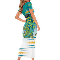 Personalised Cook Islands Va'a Race Short Sleeve Bodycon Dress Te Tatau Tattoos Sporty Style Turquoise Color LT03 - Polynesian Pride