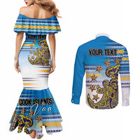 Personalised Cook Islands Va'a Race Couples Matching Mermaid Dress and Long Sleeve Button Shirt Te Tatau Tattoos Sporty Style Glory Blue Color LT03 - Polynesian Pride