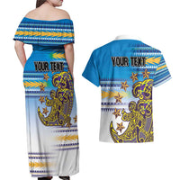 Personalised Cook Islands Va'a Race Couples Matching Off Shoulder Maxi Dress and Hawaiian Shirt Te Tatau Tattoos Sporty Style Glory Blue Color LT03 - Polynesian Pride