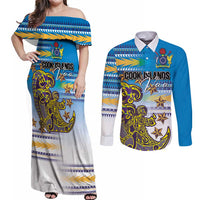 Personalised Cook Islands Va'a Race Couples Matching Off Shoulder Maxi Dress and Long Sleeve Button Shirt Te Tatau Tattoos Sporty Style Glory Blue Color LT03 Blue - Polynesian Pride