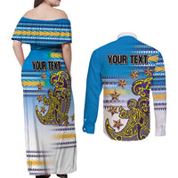 Personalised Cook Islands Va'a Race Couples Matching Off Shoulder Maxi Dress and Long Sleeve Button Shirt Te Tatau Tattoos Sporty Style Glory Blue Color LT03 - Polynesian Pride