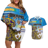 Personalised Cook Islands Va'a Race Couples Matching Off Shoulder Short Dress and Hawaiian Shirt Te Tatau Tattoos Sporty Style Glory Blue Color LT03 Blue - Polynesian Pride