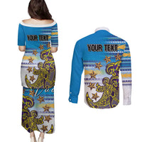 Personalised Cook Islands Va'a Race Couples Matching Puletasi and Long Sleeve Button Shirt Te Tatau Tattoos Sporty Style Glory Blue Color LT03 - Polynesian Pride