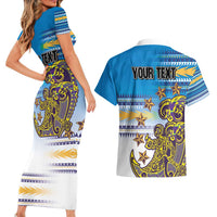 Personalised Cook Islands Va'a Race Couples Matching Short Sleeve Bodycon Dress and Hawaiian Shirt Te Tatau Tattoos Sporty Style Glory Blue Color LT03 - Polynesian Pride