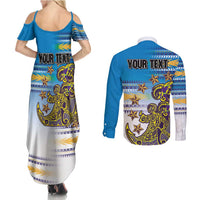 Personalised Cook Islands Va'a Race Couples Matching Summer Maxi Dress and Long Sleeve Button Shirt Te Tatau Tattoos Sporty Style Glory Blue Color LT03 - Polynesian Pride