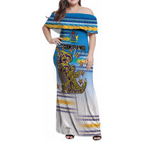Personalised Cook Islands Va'a Race Family Matching Off Shoulder Maxi Dress and Hawaiian Shirt Te Tatau Tattoos Sporty Style Glory Blue Color LT03 Mom's Dress Blue - Polynesian Pride