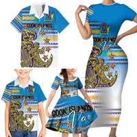 Personalised Cook Islands Va'a Race Family Matching Short Sleeve Bodycon Dress and Hawaiian Shirt Te Tatau Tattoos Sporty Style Glory Blue Color LT03 - Polynesian Pride