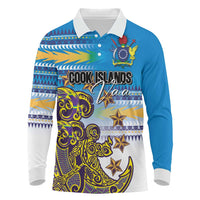Personalised Cook Islands Va'a Race Long Sleeve Polo Shirt Te Tatau Tattoos Sporty Style Glory Blue Color LT03 Blue - Polynesian Pride