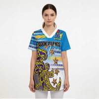 Personalised Cook Islands Va'a Race Scrub Top Te Tatau Tattoos Sporty Style Glory Blue Color - Polynesian Pride