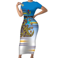 Personalised Cook Islands Va'a Race Short Sleeve Bodycon Dress Te Tatau Tattoos Sporty Style Glory Blue Color LT03 Long Dress Blue - Polynesian Pride