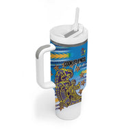 Personalised Cook Islands Va'a Race Tumbler With Handle Te Tatau Tattoos Sporty Style Glory Blue Color LT03 - Polynesian Pride