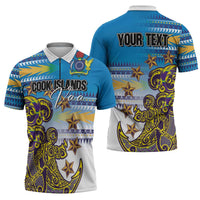 Personalised Cook Islands Va'a Race Zipper Polo Shirt Te Tatau Tattoos Sporty Style Glory Blue Color LT03 - Polynesian Pride