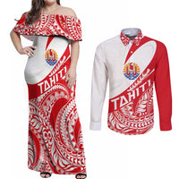 Personalised Tahiti Va'a Race Couples Matching Off Shoulder Maxi Dress and Long Sleeve Button Shirt Polynesian Tattoos Sporty Style LT03 Red - Polynesian Pride
