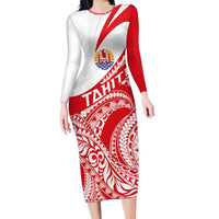 Personalised Tahiti Va'a Race Long Sleeve Bodycon Dress Polynesian Tattoos Sporty Style LT03 Long Dress Red - Polynesian Pride