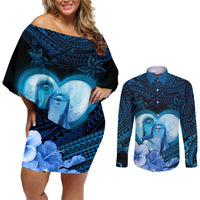 Dolphin Couple Love Story Valentine Day Couples Matching Off Shoulder Short Dress and Long Sleeve Button Shirt With Polynesian Tribal Tattoo Blue Style LT03 Blue - Polynesian Pride