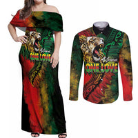 Aotearoa One Love Couples Matching Off Shoulder Maxi Dress and Long Sleeve Button Shirt Reggae Lion with Kakahu Huruhuru LT03 Black - Polynesian Pride