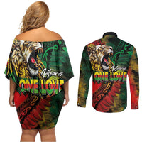 Aotearoa One Love Couples Matching Off Shoulder Short Dress and Long Sleeve Button Shirt Reggae Lion with Kakahu Huruhuru LT03 - Polynesian Pride
