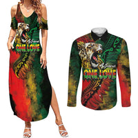 Aotearoa One Love Couples Matching Summer Maxi Dress and Long Sleeve Button Shirt Reggae Lion with Kakahu Huruhuru LT03 Black - Polynesian Pride