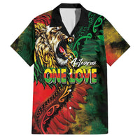 Aotearoa One Love Family Matching Tank Maxi Dress and Hawaiian Shirt Reggae Lion with Kakahu Huruhuru LT03 Dad's Shirt - Short Sleeve Black - Polynesian Pride