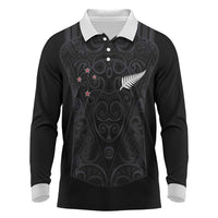 Custom Aotearoa Rugby Long Sleeve Polo Shirt Fern Blacks-Traditional Maori Motifs Design LT03 Black - Polynesian Pride