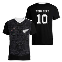 Custom Aotearoa Rugby Women V-Neck T-Shirt Fern Blacks-Traditional Maori Motifs Design LT03 - Polynesian Pride