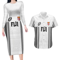 Fiji Rugby Warriors Couples Matching Long Sleeve Bodycon Dress and Hawaiian Shirt Masi Tribal Pattern Go Champion 2024 LT03 White - Polynesian Pride