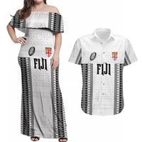 Fiji Rugby Warriors Couples Matching Off Shoulder Maxi Dress and Hawaiian Shirt Masi Tribal Pattern Go Champion 2024 LT03 White - Polynesian Pride