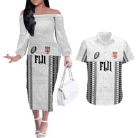 Fiji Rugby Warriors Couples Matching Off The Shoulder Long Sleeve Dress and Hawaiian Shirt Masi Tribal Pattern Go Champion 2024 LT03 White - Polynesian Pride