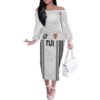 Fiji Rugby Warriors Family Matching Off The Shoulder Long Sleeve Dress and Hawaiian Shirt Masi Tribal Pattern Go Champion 2024 LT03 Mom's Dress White - Polynesian Pride